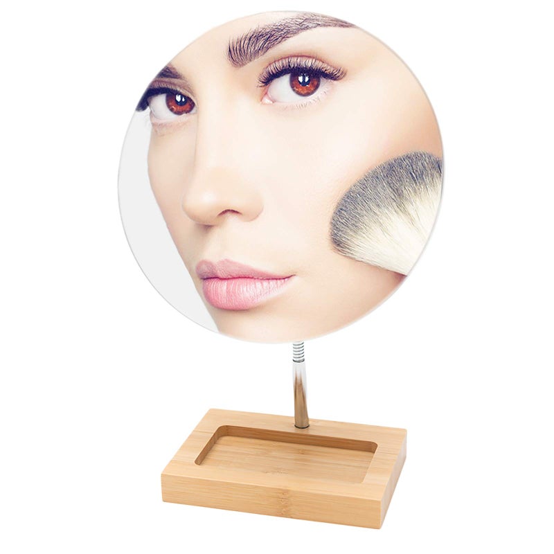 YEAKE Flexible Gooseneck Bamboo Vanity Makeup Mirror,360Â°Rotation 8" Large Frameless Vanity Mirror Folding Portable Table Desk Mirror with Stand Bathroom Shaving Make Up Mirrors Round - Image 1